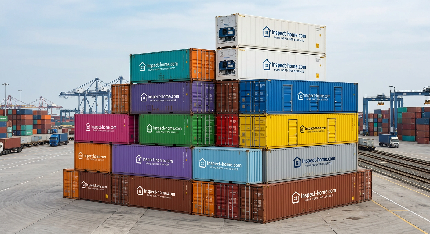 Stacked colorful shipping containers labeled “Inspect-home.com HOME INSPECTION SERVICES” at a port
