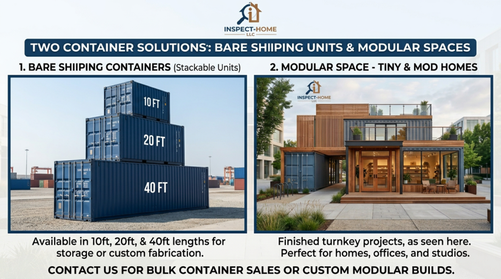 Modern storefront built from stacked shipping containers with rooftop terrace