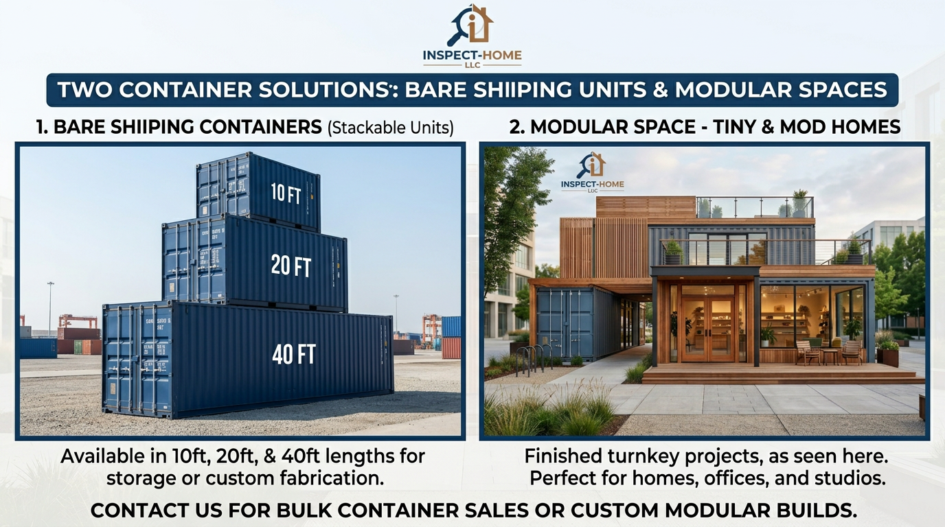 Modern storefront built from stacked shipping containers with rooftop terrace