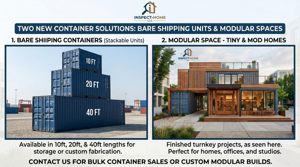 Modern storefront built from stacked shipping containers with rooftop terrace
