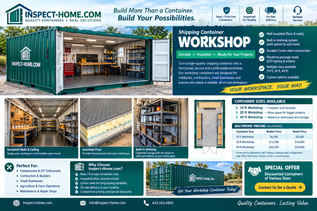Inspect-Home insulated shipping container workshop with shelving and workbench